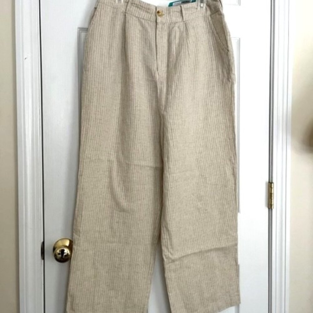 ladies size L Dizzy Lizzy beige white striped button zip back elastic pants